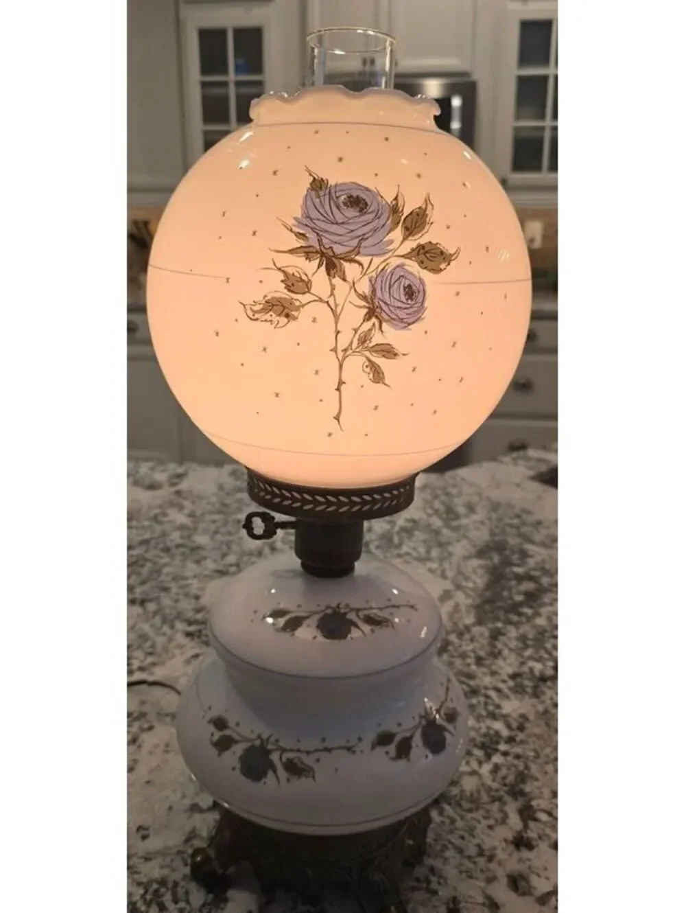 Vintage Gone With the Wind Hurricane Lamp Blue Roses 3-Way Satin Glass 21